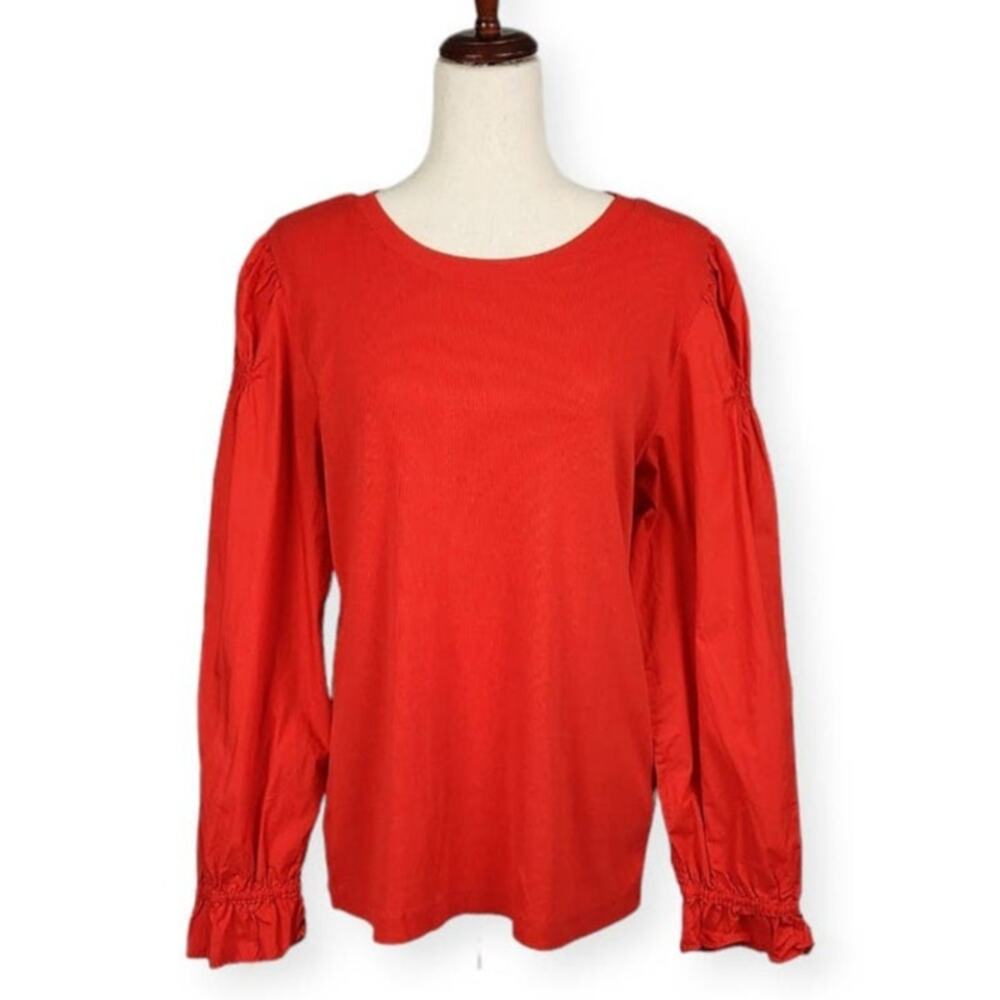 LOFT Mixed Media Blouse Long Sleeve Ruffle Cuff Viva Red Women's Size XL